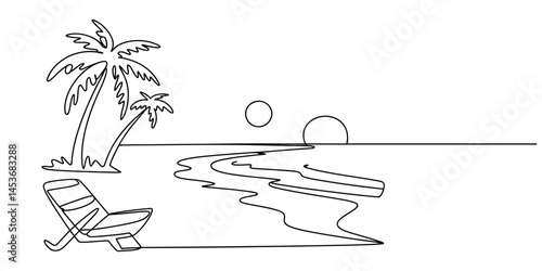 Continuous one line drawing of Summer beach landscape. sunset, sunrise, beach, palm tree in single line draw illustration. Editable stroke, Seascape drawing with one single continuous line. landscape.