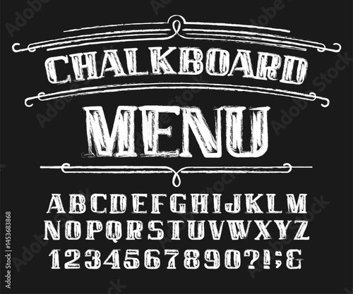 Chalkboard Menu alphabet font. Vintage letters, numbers and symbols. Stock vector typeface for your design.