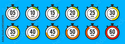 Stopwatch icons. Colorful simple chronometer, time counter with dial. Countdown timer showing hours and minutes. Deadline, measurement for sport. Cooking time label, sticker. Vector illustration
