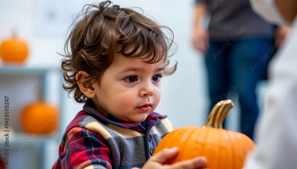 Fototapeta premium a detailed shot of a child holding a pumpkin during a fall themed check up.