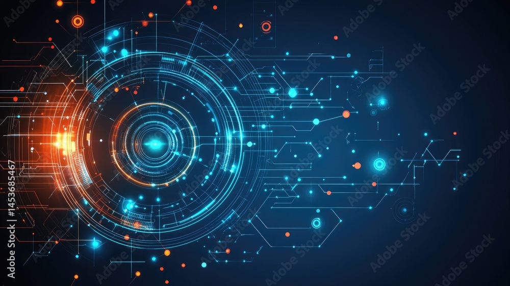 Fototapeta premium Futuristic digital circuit graphic. Dynamic, glowing concentric circles, circuit lines and nodes create an abstract, technological design