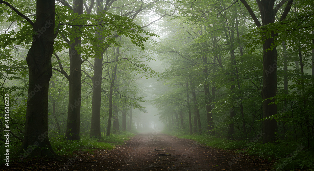Obraz premium Misty Forest Pathway Surrounded by Lush Green Foliage and Trees