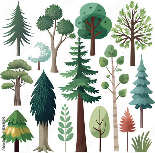 A green set of vector trees, including pine and fir, offers a natural forest illustration for holiday decoration