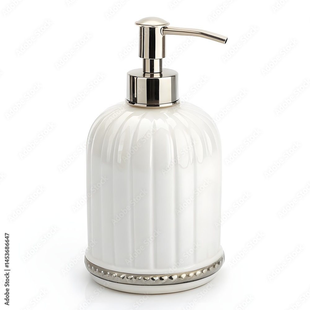 Close up of a white soap dispenser with silver accents Close up of a white soap dispenser with silver accents