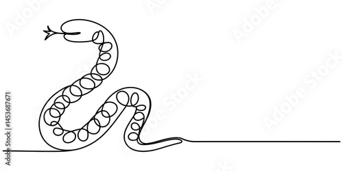 Snake one line drawing on white isolated background. 2025 Chinese New Year, Snake in one continuous line. One line drawing, minimalism. Vector illustration, Snake tattoo sticker logotype.