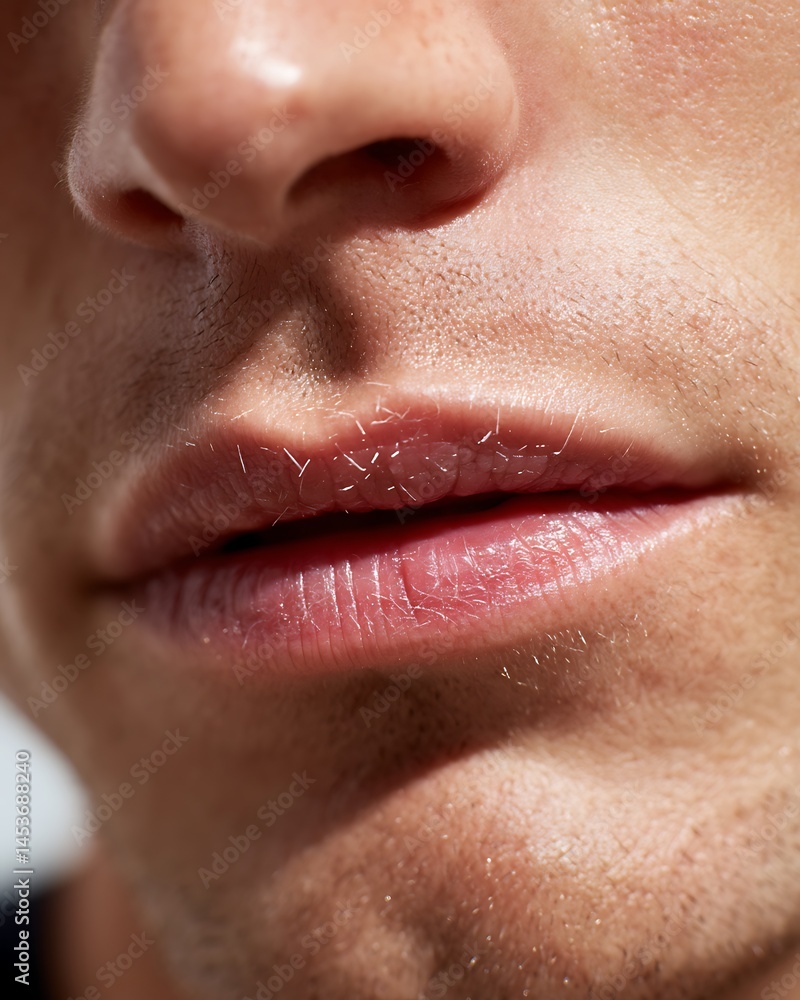 Obraz premium Dry cracked lips of a white man, showing the problem of lip balm for health purposes.