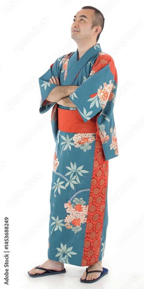 Man in yukata with arms crossed looking up on white background Man in yukata with arms crossed looking up on white background