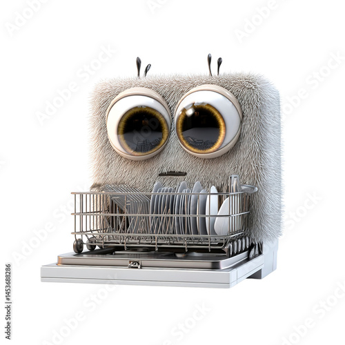 Fluffy Dishwasher Monster A 3D Render of a Cute, Fuzzy Creature with Big Eyes Loading a Dishwasher
