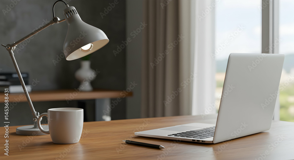 Modern Workspace with Laptop, Lamp, Coffee Mug, and Natural Light Modern Workspace with Laptop, Lamp, Coffee Mug, and Natural Light