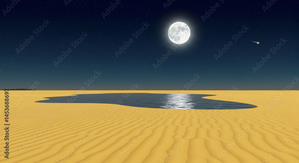 Naklejka premium Stunning Night Scene with Full Moon Over Tranquil Desert Oasis