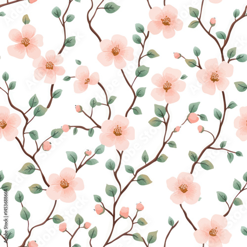 Cute pastel pink peach blossom flowers and green leaves on a white background, Cute watercolor seamless pattern. Watercolor print in rustic vintage style, textile or wallpapers.	