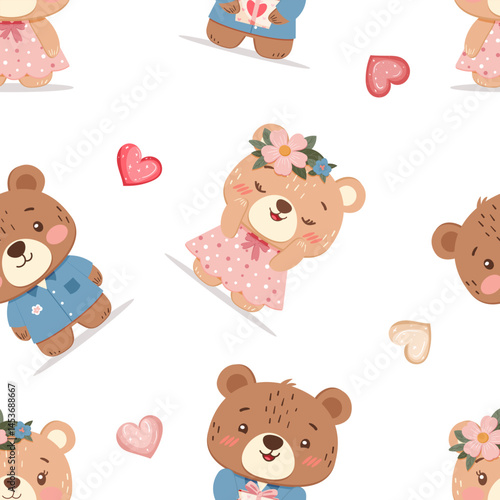 Seamless vector pattern featuring adorable teddy bear boy and girl characters in pastel outfits with hearts. White background. Perfect for Valentines Day, kids products, wrapping and textiles