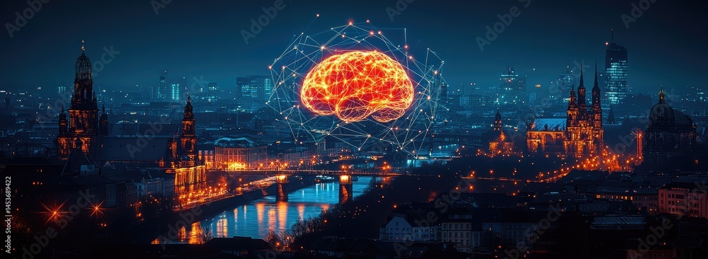 Obraz premium Night city skyline with a glowing brain illustration.