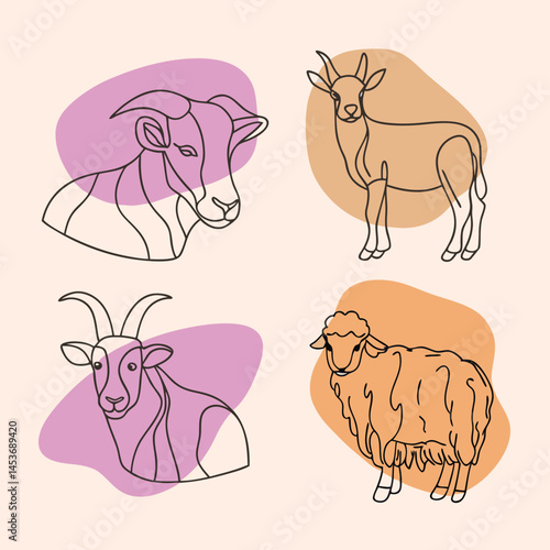 Line Art Illustrations of Goat Sheep and Antelope on Abstract Backgrounds