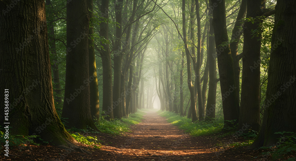 Obraz premium Serene Forest Pathway Through Tall Trees in Soft Morning Light