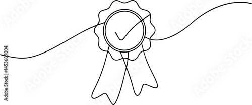 Award badge continuous line art drawing with approval check sign and certificate symbol isolated on white background


