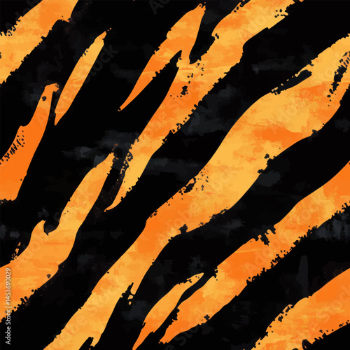Watercolor tiger stripes, their bold black and orange hues. Cute watercolor seamless pattern. Watercolor print in rustic vintage style, textile or wallpapers.	