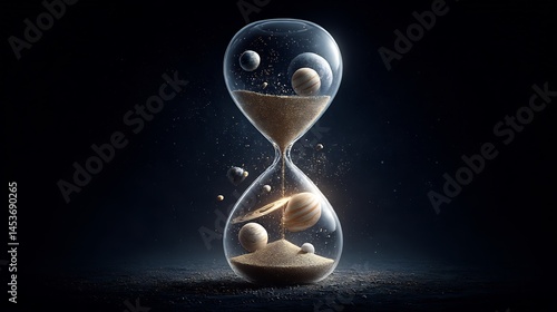 Hourglass filled with planets and cosmic dust symbolizes the flow of time