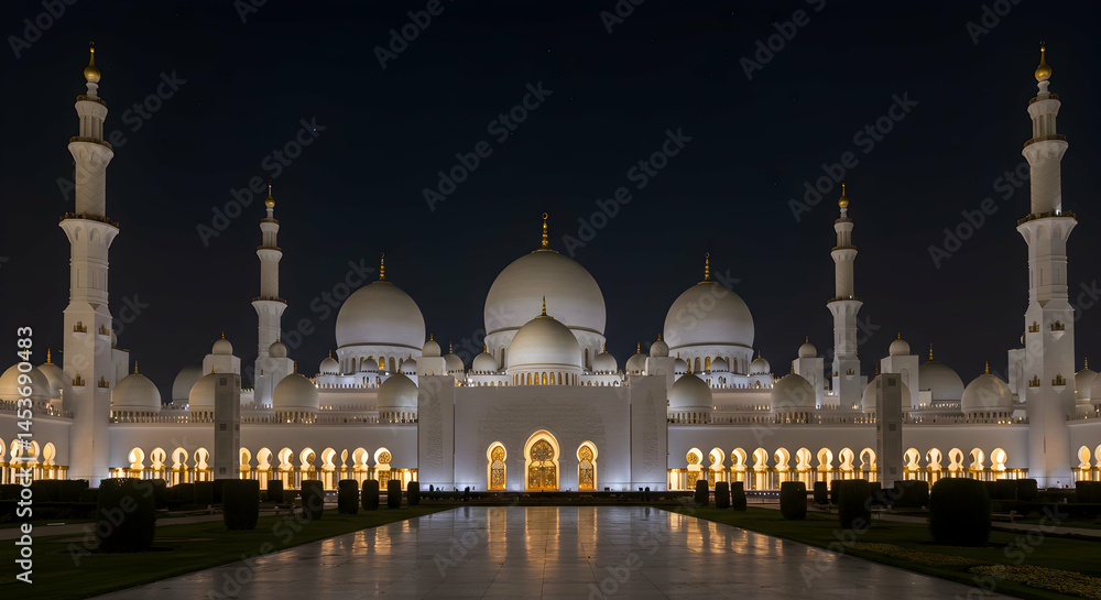 Obraz premium Majestic Mosque Architecture Illuminated at Night with Reflections