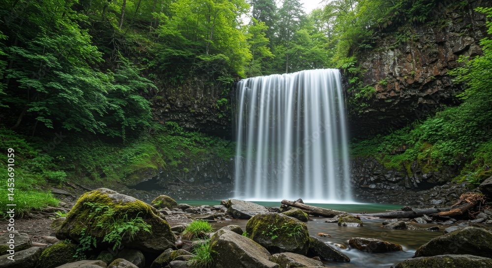 Obraz premium Waterfall surrounded by lush greenery, slow shutter effect