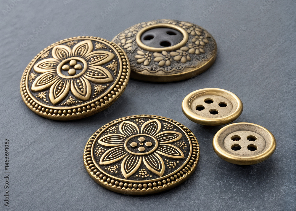 The image shows a collection of metal buttons with floral designs and raised patterns, placed on a flat surface. There are two larger buttons with intricate floral designs and four smaller, plain butt The image shows a collection of metal buttons with floral designs and raised patterns, placed on a flat surface. There are two larger buttons with intricate floral designs and four smaller, plain butt