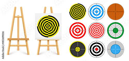 Shooting range target on a wooden easel stand. Paper target with divisions, marks and numbers. Archery, gun shooting and training, sport competition, hunting. Bullseye and aim. Vector illustration