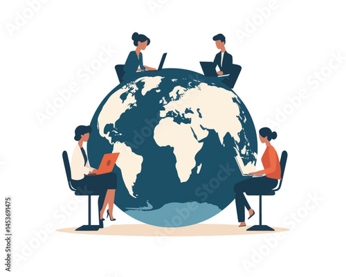 Global Remote Collaborations: Diverse Professionals Working from Anywhere Around the World with Laptops in Minimalist Flat Vector Illustration