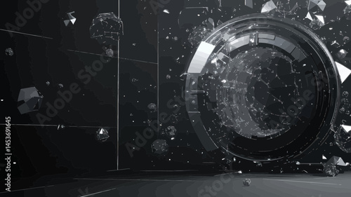 Minimalist Polygonal Bank Vault Door Motion Vector Mesh Spheres Flying Debris Financial Security Concept