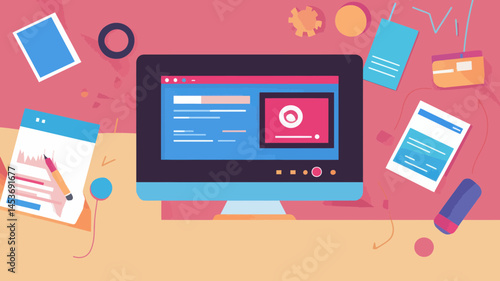 Web Development Process Concept Vector Illustration with Desktop, Tablet, and Stationery Elements