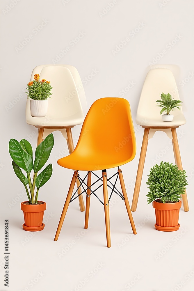 Fototapeta premium Modern Chairs with Plants Against White Backdrop