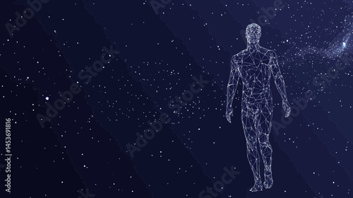 Low Poly Wireframe Human Silhouette in Starry Space Background with Destruct Shapes, Classic Proportions, Vector Polygonal Art Illustrating Futuristic Technology and Minimalist Design Concepts