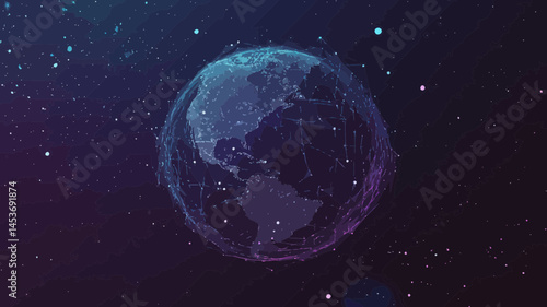 Abstract Wireframe Earth in Starry Space - Minimalist Vector Illustration of Planet and Universe, Conceptual Science and Technology Artwork for Futuristic Designs