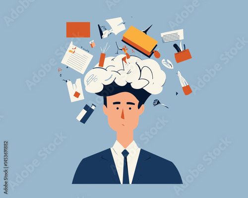 Ambitious Businessman Decluttering Mind for Focus and Creativity, Clear Brain, Vector Illustration
