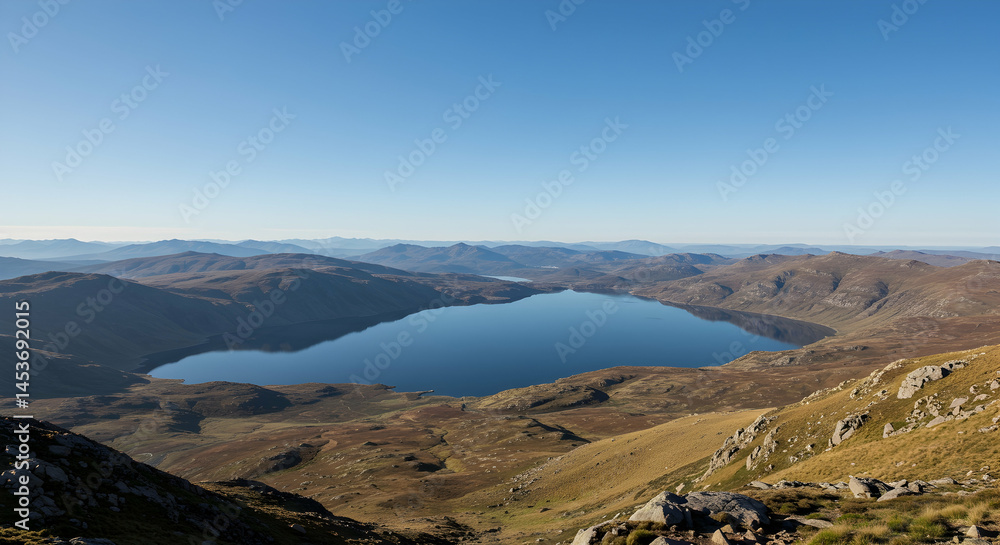Fototapeta premium Serene Mountain Lake Surrounded by Majestic Hills and Clear Sky