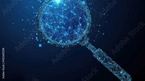 Polygonal Wireframe Magnifying Glass with Floating Debris Spheres, Flat Minimalist Blue Vector Illustration, Business Concept Visualization, Thin Line Mesh Style SVG