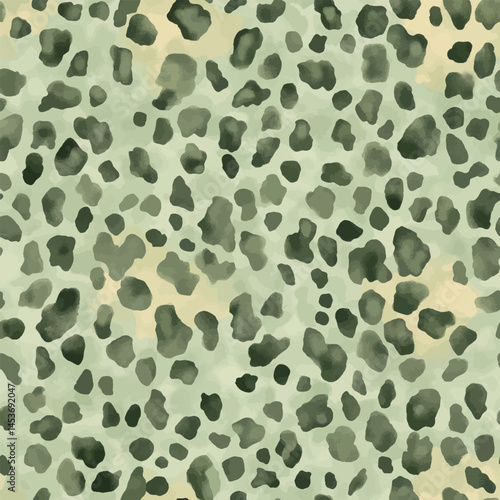 Leopard print, with small and large spots in shades of green on an off-white background, Cute watercolor seamless pattern. Watercolor print in rustic vintage style, textile or wallpapers.	