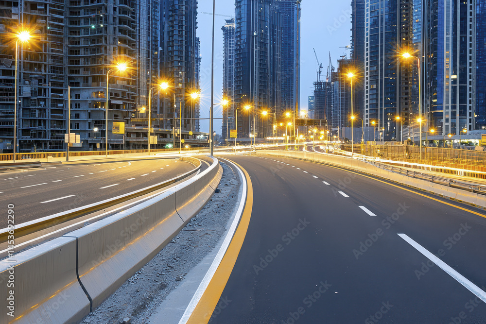 Fototapeta premium modern urban road with illuminated streetlights, surrounded by tall buildings construction, creates dynamic cityscape dusk