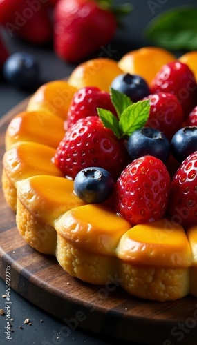 Golden pastry crust, vibrant fruit arrangement , bakery, foodblog