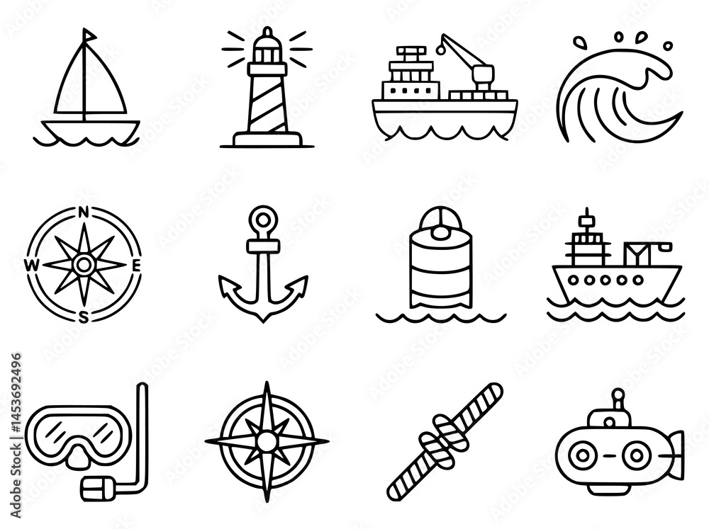 Fototapeta premium Nautical icons in minimalist outline style