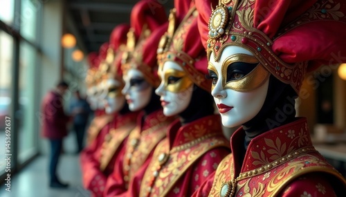 Opulent masked figures in vibrant attire, modern setting, artistic, bold, texture