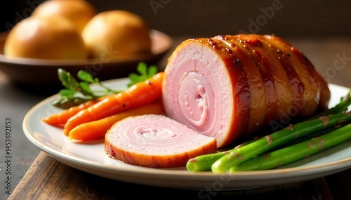 Roasted ham, glazed carrots, asparagus, rolls, roast, easter, carrots