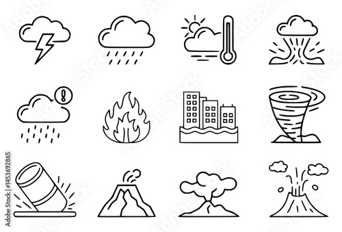 Weather and natural disaster icons in black and white