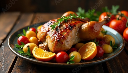 Roasted duck, oranges, potatoes, tomatoes, rustic wood, Christmas garnish, brown, table, yellow