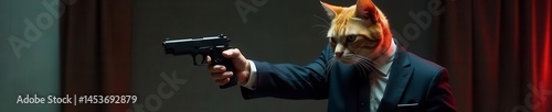 Sleek cat, tailored suit, pistol, dimly lit setting , silhouette, room