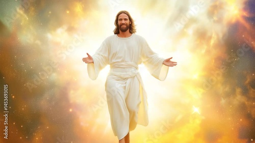 Smiling Jesus Christ walking out of divine light with open arms