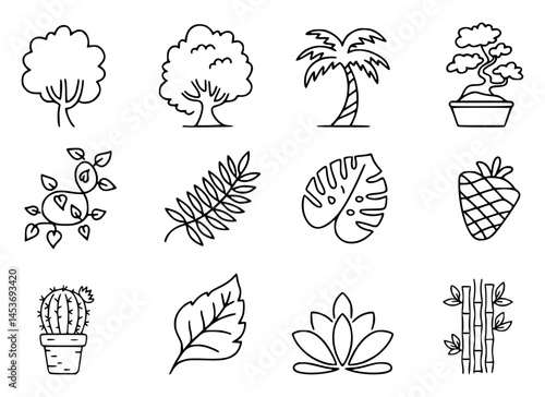 Minimalist line art collection of plants and tropical elements