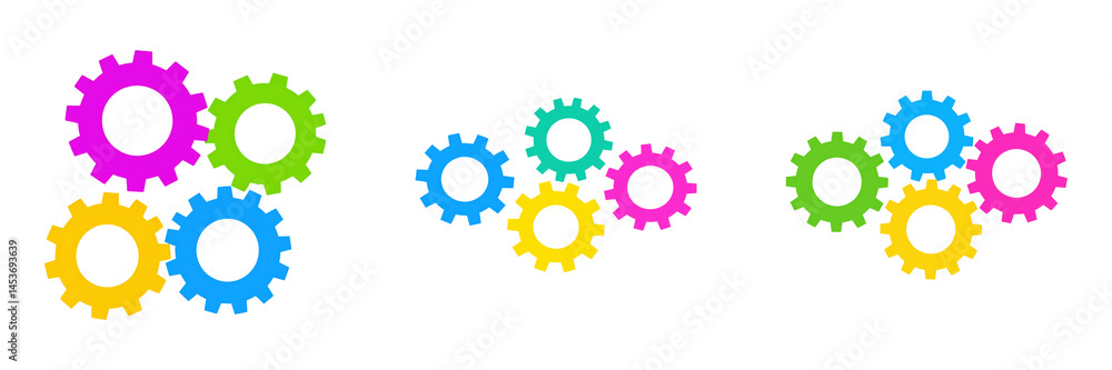 Colorful interlocking gears arranged in groups, representing mechanical parts and teamwork. Colorful interlocking gears arranged in groups, representing mechanical parts and teamwork.