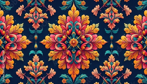 Bold damask pattern, large scale repeat, rich detail , design, wallpaper, brocade