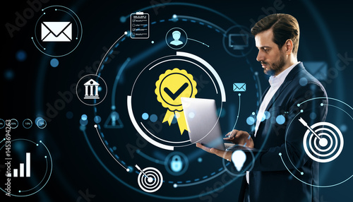 Businessman using laptop with digital certification and networking icons on d...