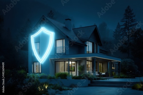 A stunning image of modern house with glowing shield symbolizing home insurance protection.